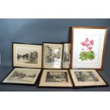 A Pair Of Engravings 'The Shambles York' together with four other engravings and a watercolour