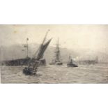 William Lionel Wyllie 'Sailing Ships Off A Coast' etching signed in pencil, 13.5 x 21 cms