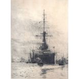 William Lionel Wyllie 'HMS Orion, Portsmouth 1912' black and white etching, signed in pencil, 29 x