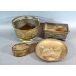 A Japanese Brass Box and Cover with embossed decoration together with a bronze rectangular small