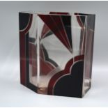 An Art Deco Glass Vase by Karl Palda with black and ruby geometric decoration, 21cms tall