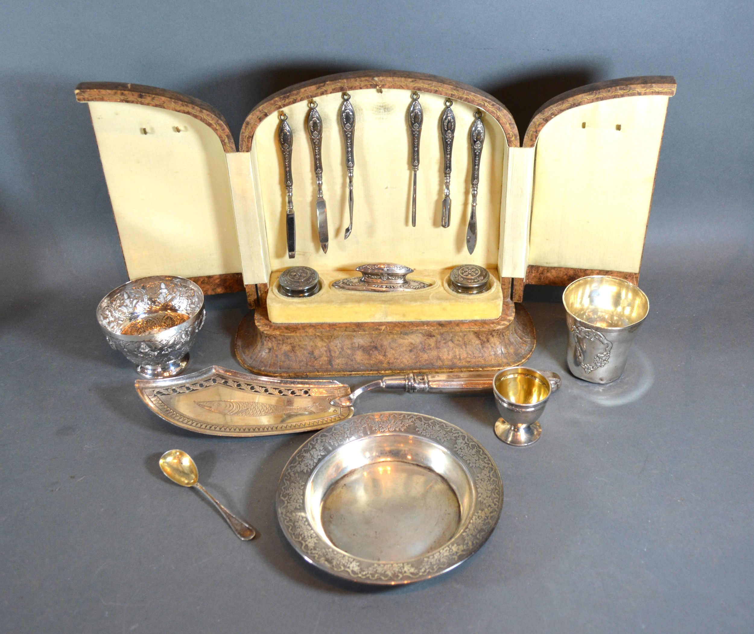 A French Manicure Set within fitted case together with a fish slice, an eggcup and other items