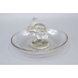 R Lalique A Clear Glass Pin Tray with rabbit surmount 6 cms high