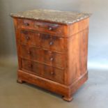 A 19th Century French Chest, the variegated marble top above four drawers with knob handles,