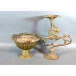 An Indian Brass Ritual Stand with Lion and Lotus, 26cms tall together with a brass pedestal bowl