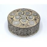 A Lalique Roger Pattern Cylindrical Box with enamel detail 13.5 cms diameter
