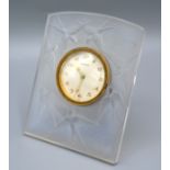 A Sabino Opalescent Glass Table Clock decorated in relief with birds, 13 x 10 cms
