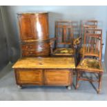 A Mahogany Bow Fronted Side Cabinet together with a set of three Arts and Crafts side chairs and a