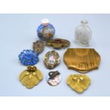 Two Chinese Glass Scent Bottle together with various brooches and compact