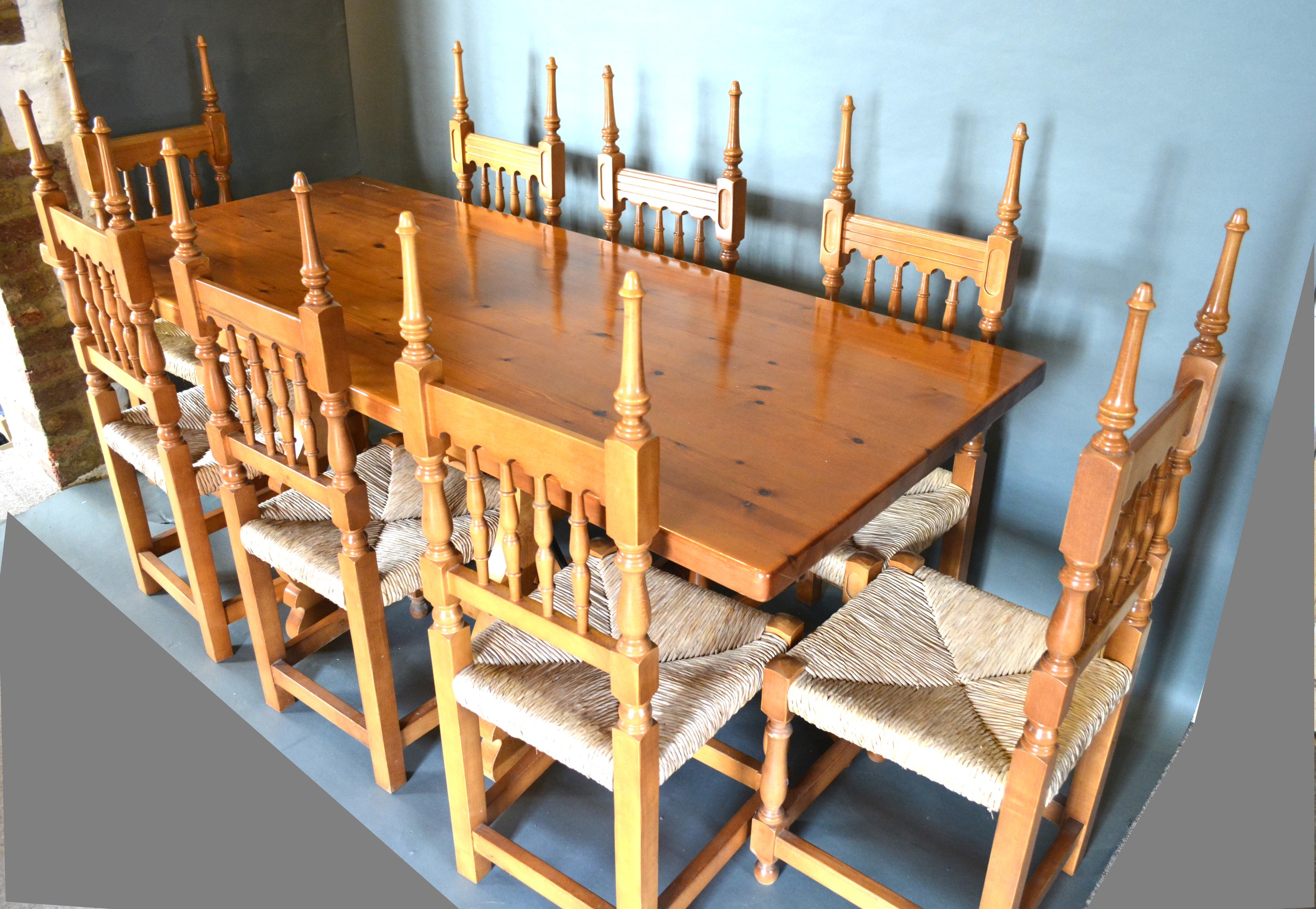 A Spanish Pine Refectory Style Dining Table together with a set of eight spindle back chairs, 182cms - Image 2 of 2