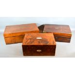 A Burr Walnut And Mother Of Pearl Inlaid Work Box together with a rosewood and brass bound writing