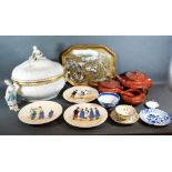 A Group Of Three Sarreguemines Mon Regiment Plates together with a collection of other ceramics to