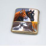 An Enamel Decorated Card Case of curved form depicting two horses and a dog within a stable, 8.