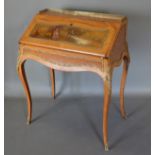 A 19th Century French bureau De Dame, with a low brass gallery back above a fall front hand