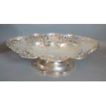 A Sheffield silver comport of oval pierced form with shaped pedestal base, 16oz, 29cms X 19cms
