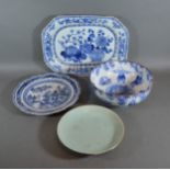 A 19th Century Chinese underglaze blue decorated octagonal dish together with a bowl, and two dishes