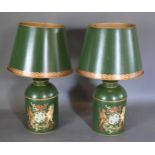 A pair of Toleware table lamps, each with a gilded Armorial upon a green ground, 70cms tall