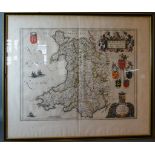 Joan Blaeu, An Early Coloured Map Of Wales, 38 x 49 cms