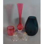 A Val Saint Lambert glass vase together with another vase, a Cranberry glass bowl and two glass