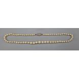 A graduated pearl necklace with white metal diamond set clasp, 49cms long