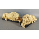 A pair of reconstituted stone models of Canova Lions, 32cms long