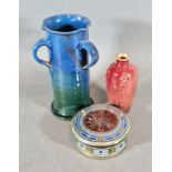 A Pilkington Royal Lancastrian small vase, 11cms tall together with a circular covered box and a