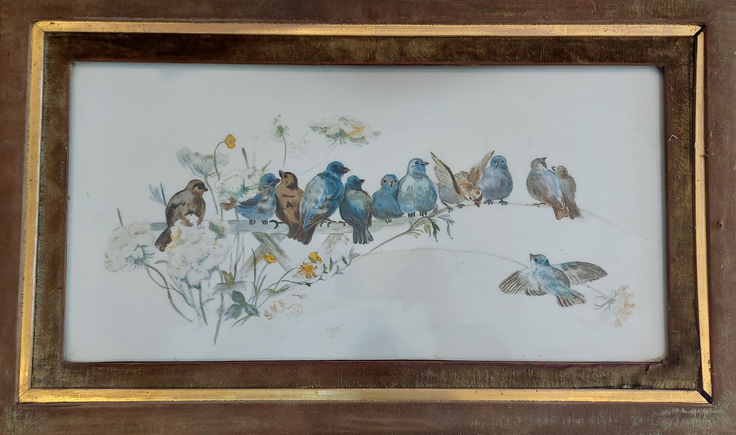 A Victorian Porcelain Panel Hand Painted with Birds Amongst Foliage, monogramed G.M.H 1889, 25cm