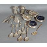 A collection of seven silver condiments, a set of six 800 mark silver teaspoons and four other small