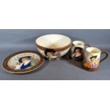 A Falcon Ware Cavalier pattern bowl together with a matching dish and pair of mugs