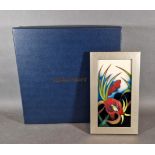 A Morrcroft tube lined rectangular plaque, Satin Flower pattern, 20.5cms x 10cms with original box