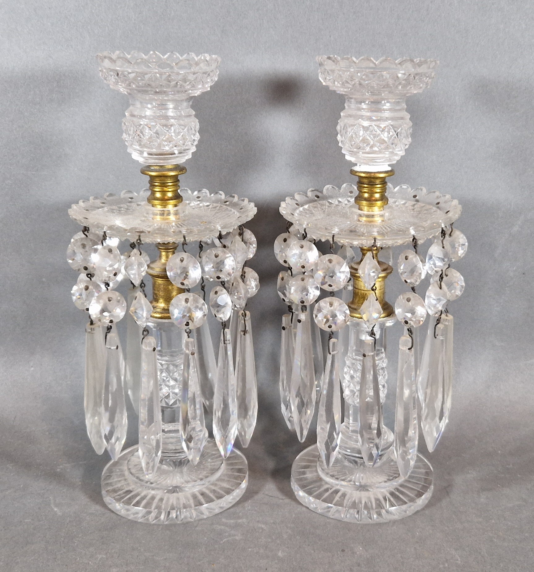 A Pair of glass lustres, each with cut glass spears, 26cms tall