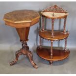 A Victorian Walnut trumpet shaped work table together with a Victorian three tier wall shelf