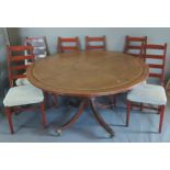 A Mahogany Circular Table, the top leather inset above a turned centre column and splay legs,