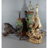 A Chinese Patinated Bronze Two-Handled Table Lamp 55cm tall together with another similar Chinese