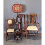 An Edwardian mahogany maquetry inlaid armchair together with another similar, a jardiniere stand,