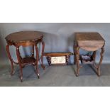 A mahogany wall bracket with with two tiles together with two Edwardian occasional tables