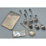 A Birmingham silver cigarette case together with a set of six Georgian silver teaspoons, a