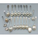 A set of six Victorian teaspoons, together with twelve other silver teaspoons and two silver mustard