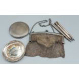 A London silver chain link purse together with a Birmingham silver compact, a Birmingham silver dish