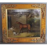 19th Century English school, study of a horse with dogs before buildings, oil on canvas, 29cms x