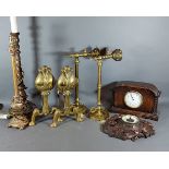 A Pair of Brass Fire Dogs, together with a pair of lamps, a clock, a barometer and two table lamps