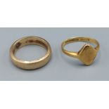 An 18ct gold signet ring, 3.7 grams together with a 9 together with a 9ct gold wedding band, 4.6