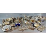 A silver plated three piece tea service together with a collection of silver plated items to include
