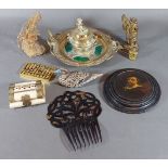 A brass inkwell set with Malachite panels together with a collection of other items
