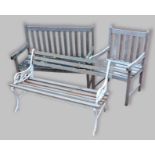 An aluminium garden seat with slatted back and seat,120cms long, together with another garden