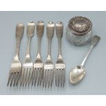 A set of three George III Irish silver forks, Dublin 1806 makers Samuel Neville, together with two