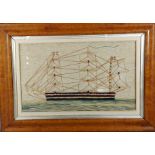 An early 19th Century sailors woolwork picture depicting a three masted ship within maple frame,