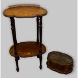 A French marquetry inlaid and gilt metal mounted two tier Etagere with ebonised fluted legs together