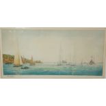 William Lionel Wyllie, sailing vessels and battleships off a coast, coloured etching, signed in