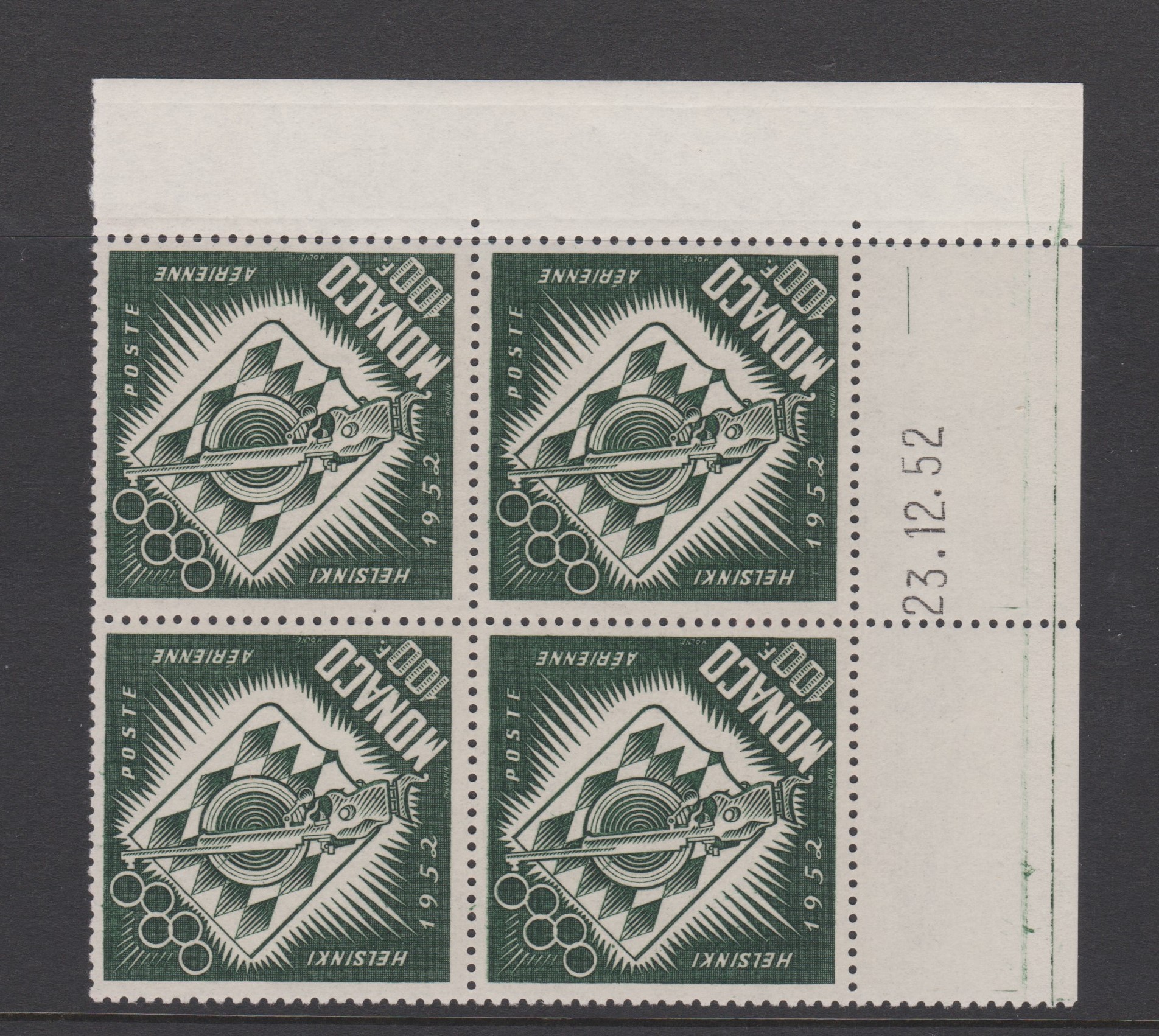 Monaco 1953-15th Olympic Games Helsinki, SG471 u/m block of (4) 100f stamps - cat value £100